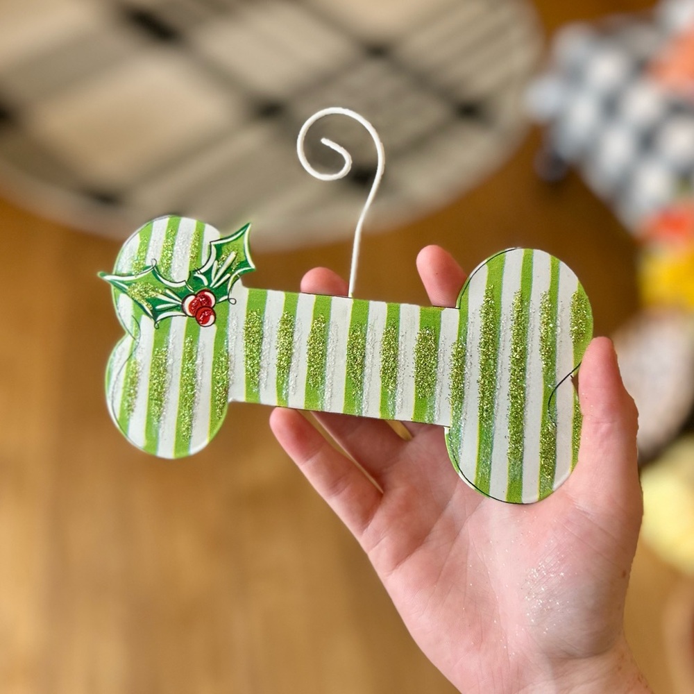 Festive Green and White Striped Dog Bone Ornament